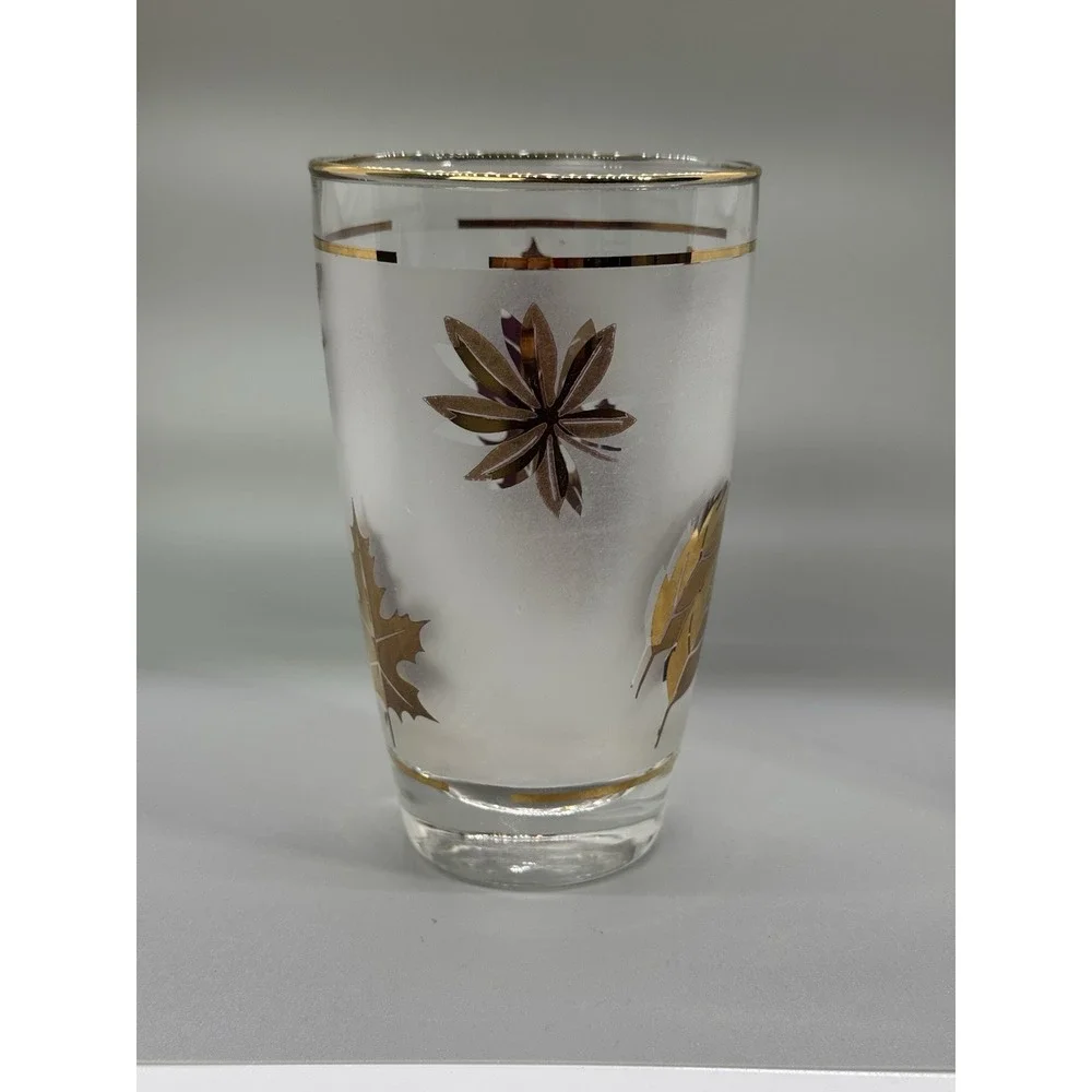 Vintage Libbey Frosted‎ Gold Leaf Tumblers Glasses Gold Rim 5-1/4